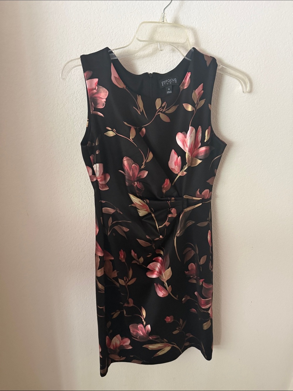 Enfocus Studio Black Sheath Dress with Pink & Gold Floral Print